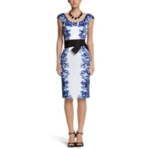 White House Black Market Blue Floral Print Sheath Dress w/Bow Belt Size 14